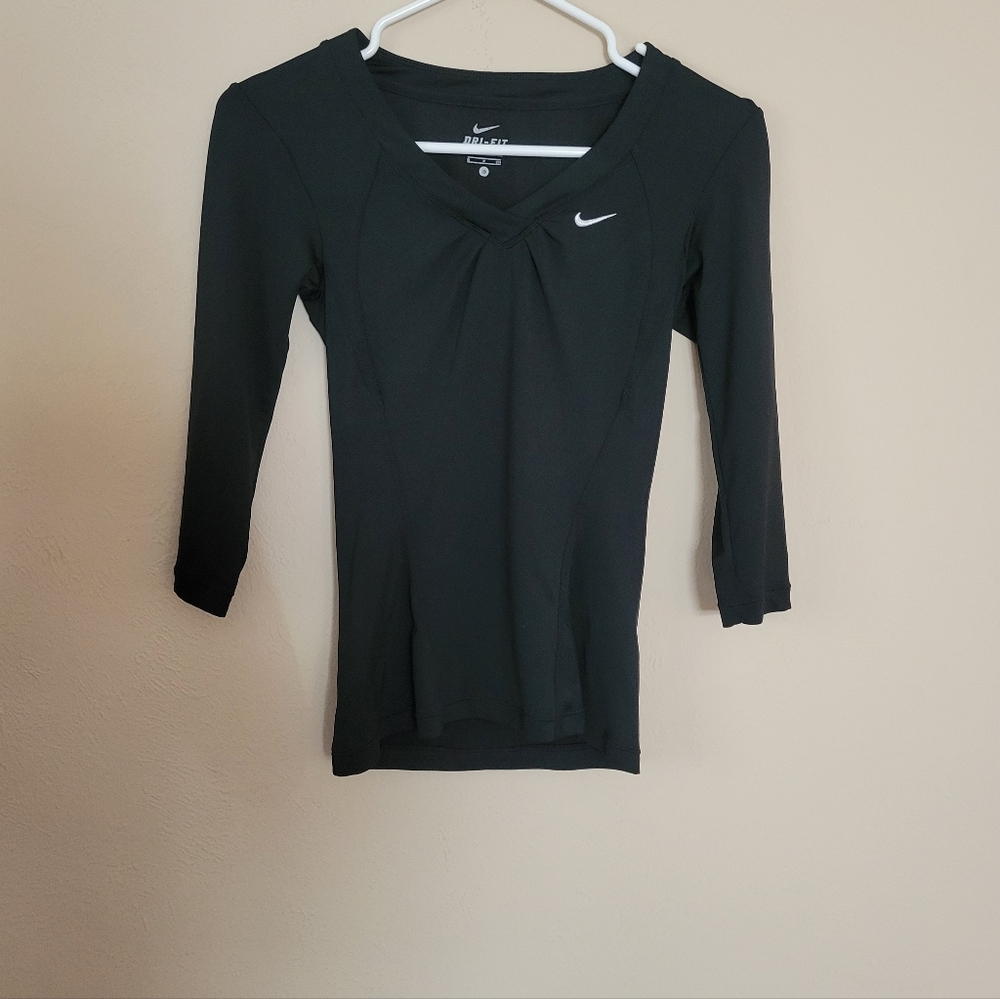 Nike Dri-Fit Workout Top 3/4 Sleeve Solid Black Womens Size Small Logo